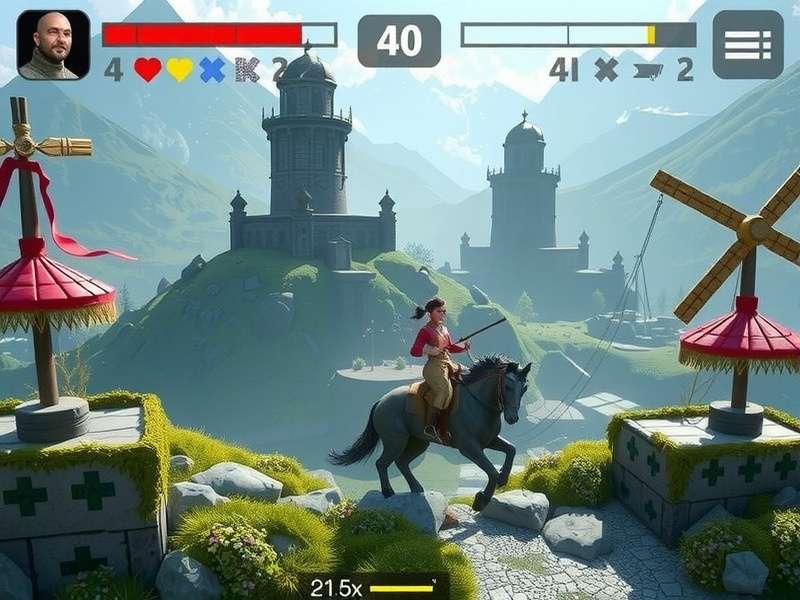 PK XD gameplay scene showing a player character exploring a vibrant virtual world with houses, pets and friends